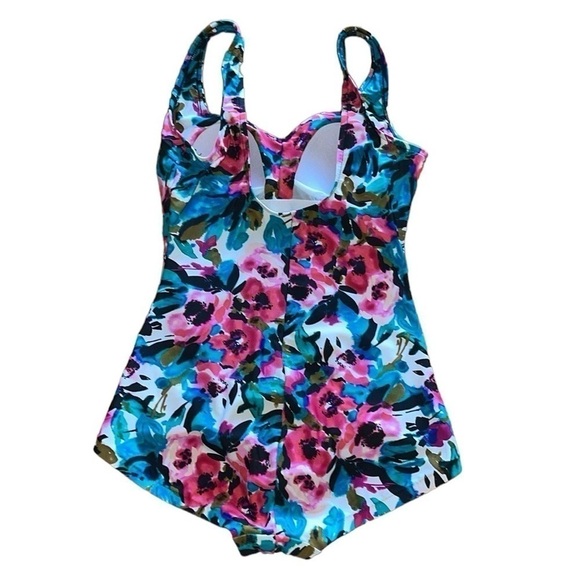 Maxine Of Hollywood Teal And Fuchsia Floral One Piece Swimsuit - Picture 2 of 6